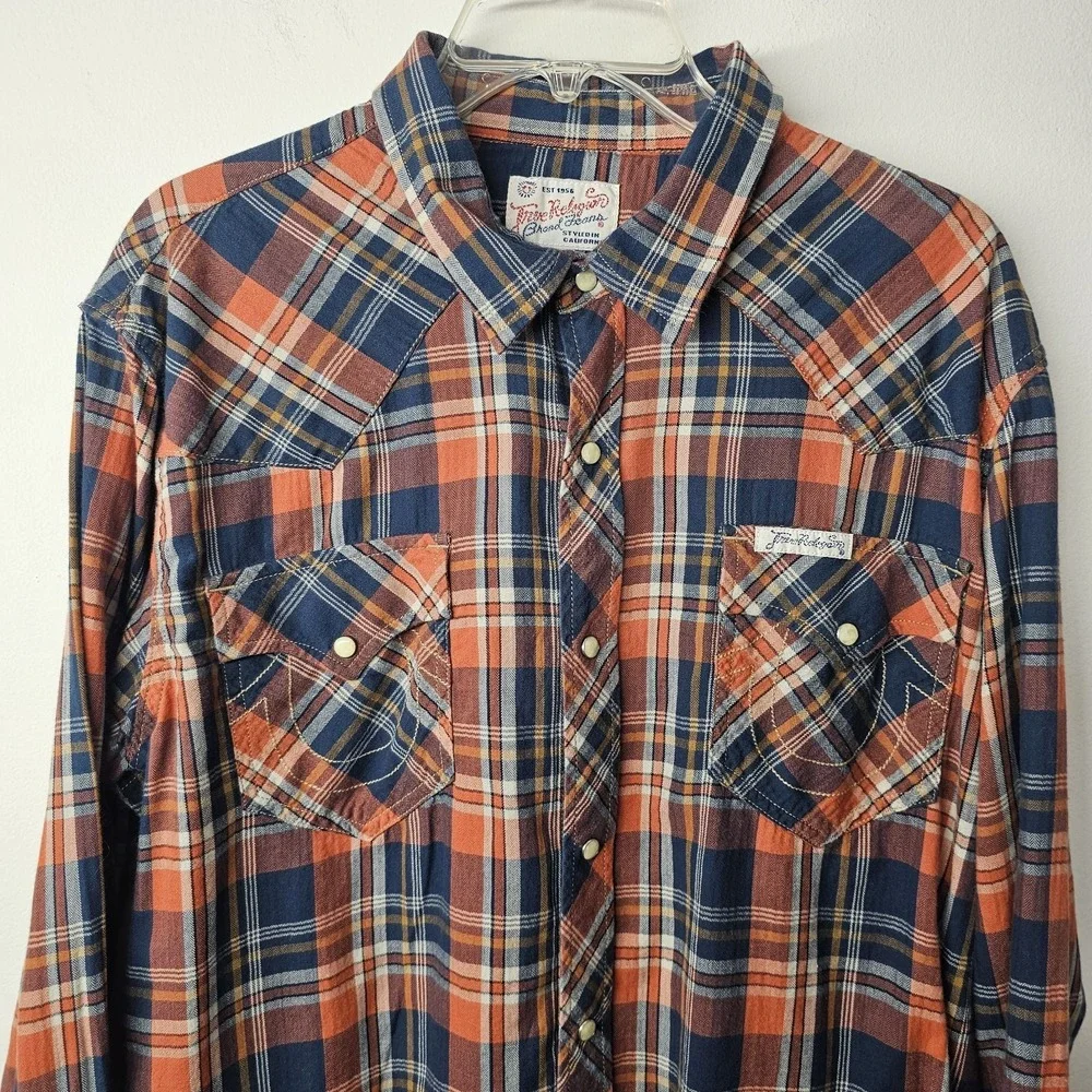 True Religion Mens Large Plaid Western Snap Button Cowboy Shirt Navy Orange EUC